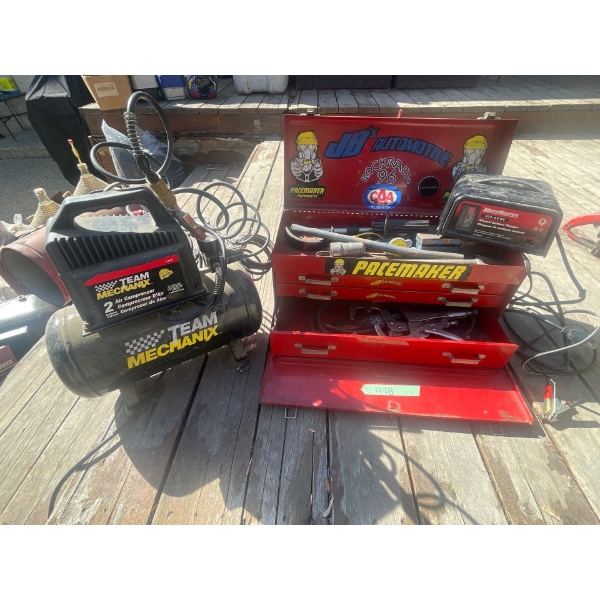 Toolbox with Tools, 2 Gallson Air Compressor, Manual Battery Charger.