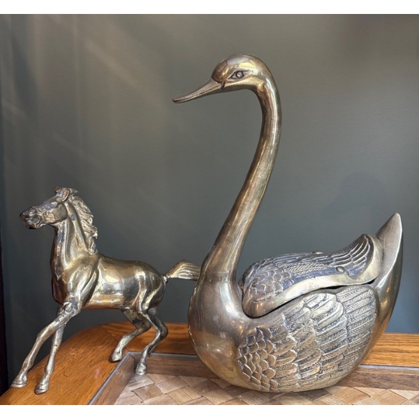 Large Solid Brass Swan (Over 1 Foot Tall, 13T) w/ Solid Brass Horse 
