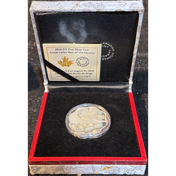 2016 $15 Lunar Lotus Year of the Monkey Fine Silver Coin 26.7 Grams