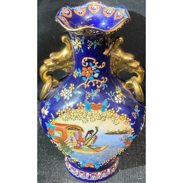 Hand Painted Satsuma Style Cobalt Gilt Japanese Porcelain Vase