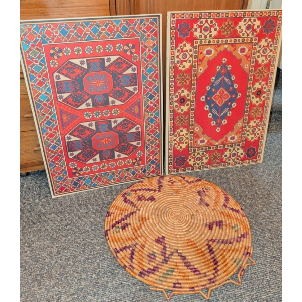 Mid Century Kilim Style Art Panels w/ Round Woven Prayer / Meditation Matt 27"Diameter