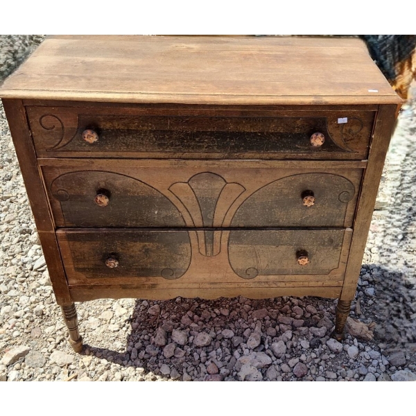 Wooden Antique 3 Drawer Dresser w/ Fan Motif 35 W, 18 D, 34 T 