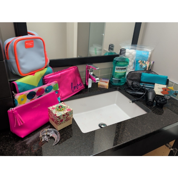 Bundle of Various Women's care Products & Makeup Bags w/Listerine, Hair-dryer, Soap & More
