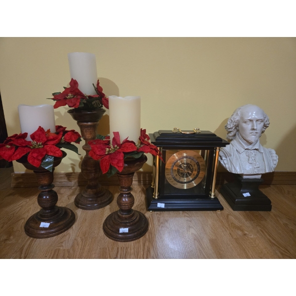 Candle Holders, Metal Clock, and Portrait Bust 