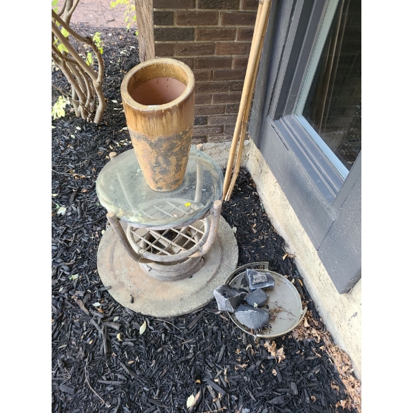 Outdoor table wood with glass top - 21W, 20T, and garden vase and rocks