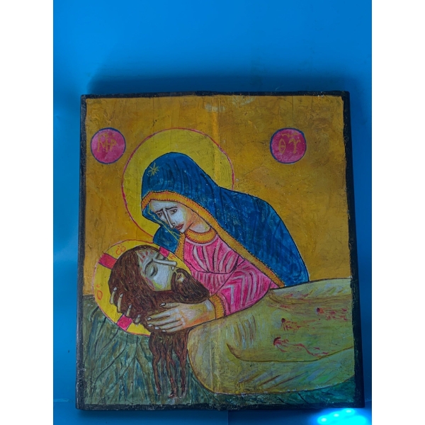 Lamentation of Christ By Virgin Mary Painted on Wooden Board - 11x12
