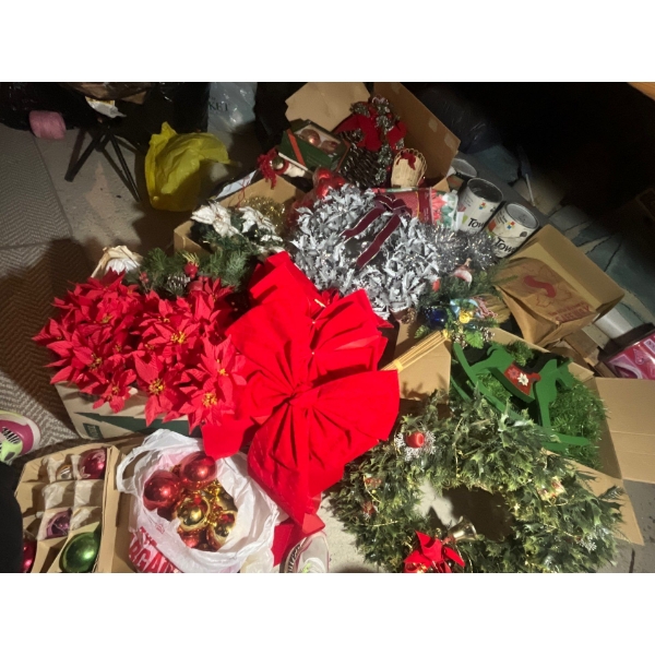 -large collection of vintage Christmas ornaments giant bow garland, wreath, and so much more put you