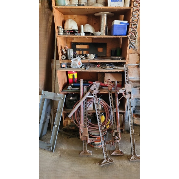 Contents of Garage Shelf Including: Air Hoses, Heavy Duty Farm Jacks and More!