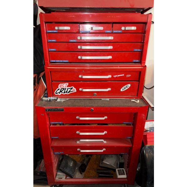 Mastercraft Rolling Tool Chest- Red Multiple Drawered Tool Box Full Of Various Tools & Garage Goodie