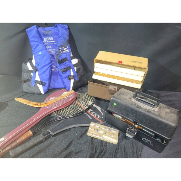 Sporting Lot With Life Vest, Racquets, Fishing Gear, and Cases