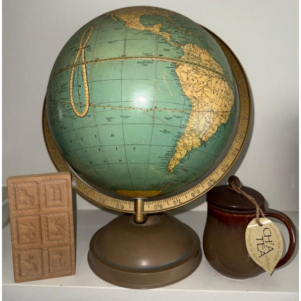Vintage Cram's Universal Terrestrial Globe w/ Middle Eastern Tea Cup & Trivet 