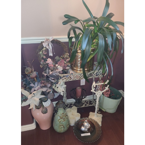 Metal Hall Table 26 w 27 h, Plant, Artificial Flowers, Toilet Paper Holder & Home Decor