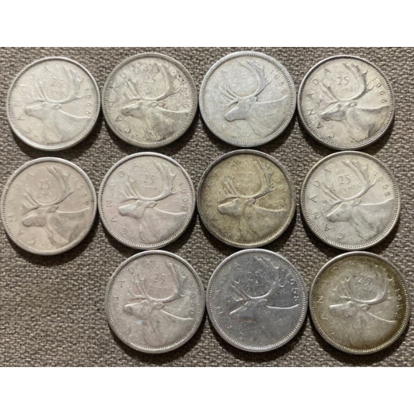Canadian 25-cent Pieces 80% Silver 64.13 Grams