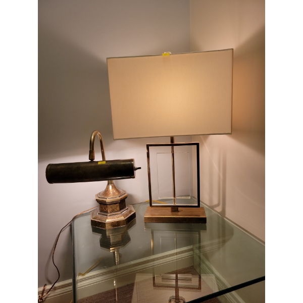 Two Statement Piece Table Lamps  - Brass Goose Neck & Rectangular Shade Hollow Contents 18T
