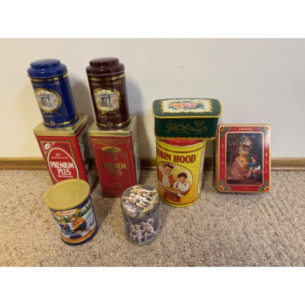 Asst Tins, Glass Pitcher 11.5 h, Harvest Canisters- Tallest: 7.5" Top, 9 h, Green Vase 8 h