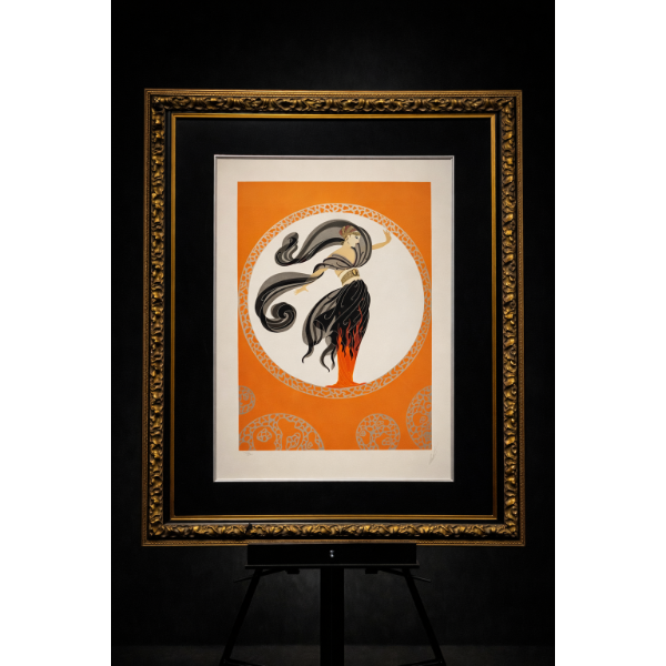  Erte Romain de Tirtoff titled flames of love so your graph in color on woven paper sign in pencil 