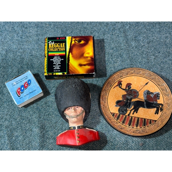 Aztec Style Plate, Reggae CD's, English Guard Bust, NHL Magnets