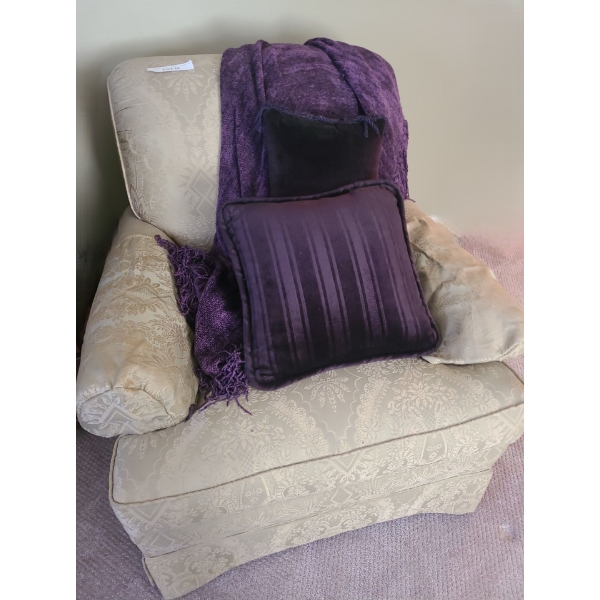 Beautiful Gold Upholstered Armchair 34 w 34 h with Purple Pillow & Chenille Blanket 