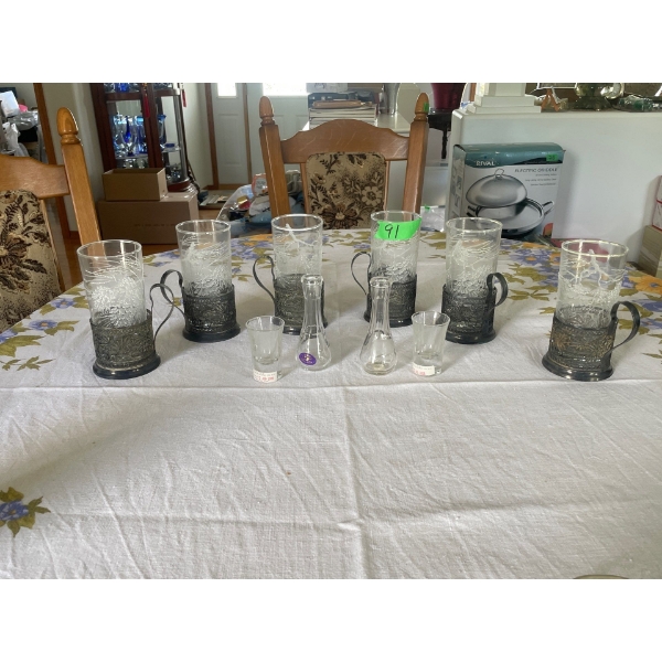 Set of Six Glasses in Metal holders, Shot Glasses.