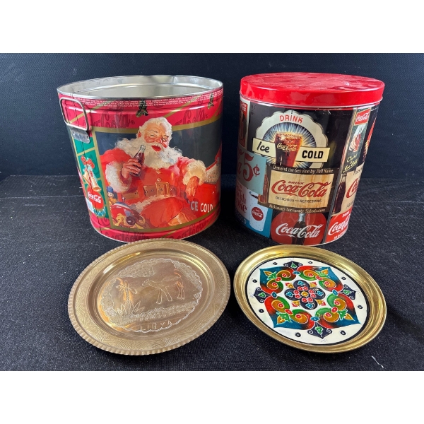 Coca Cola Collectable Tin Buckets and 2 Decorative Plates