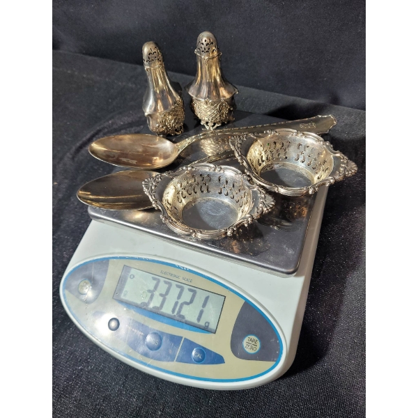 6 Sterling Silver Nut Dishes and 2 Tiffany & Co. Sterling Spoons and Salt and pepper shaker