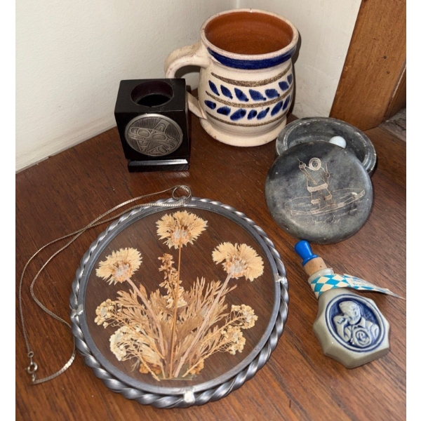 Pressed Flower Sun Catcher 6"D Carved Soap Stone Trinket Box Miniature Decantor & More