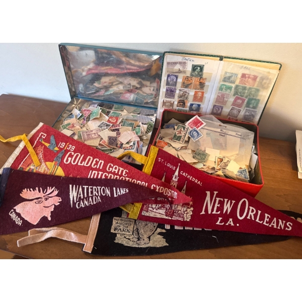 Souvenir Felt Flags w/ Vintage Worldwide Stamp Assortment 
