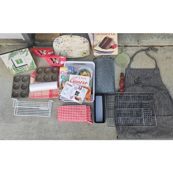 Kitchen Lot With Cookbooks, Bakeware, Apron, and Kitchenwares