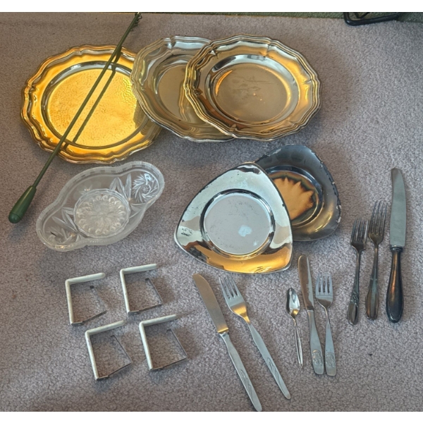 Chrome & Crystal Kitchen Collection - Plates Platters Pickle Bowl Tablecloth Clamps & more