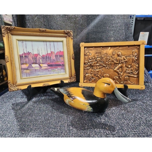 Ships At A dock Oil Painting, Solid Wood Duck Figurine, Traditional Kitchen Party In Copper Plaque.
