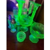 Image 3 : uranium glass candle holders two martini glasses, a shot glass and salt and pepper shakers