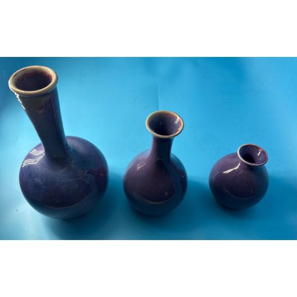 Set of 3 Stunning Hand Formed & Signed Decorative Purple Art Vases (Tallest is 9T, Shortest 4.5T) 