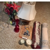 Image 1 : Towel Rack. 20 w, 36 h, 7 d. Silk Flowers in Black Vase, Gold Metal Lamp, Candles, Coasters & more