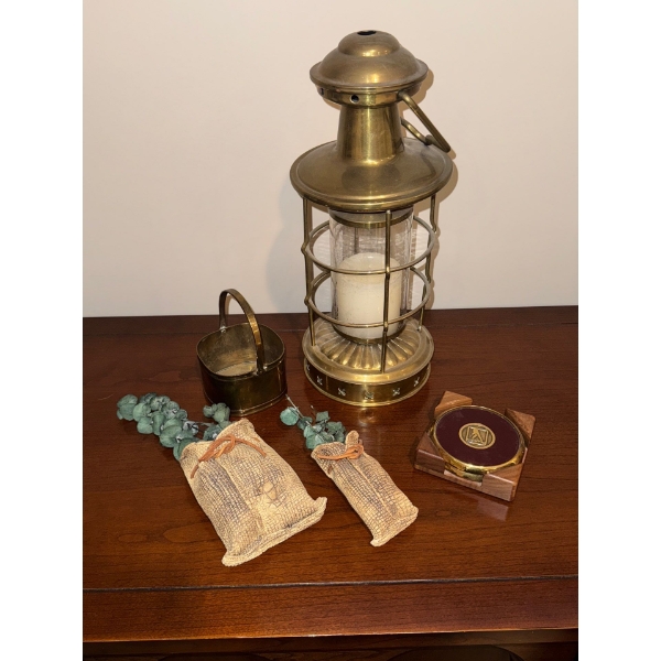 Antique Brass Lantern 16"Tall w/ Assorted Wall Hangers & Decor 