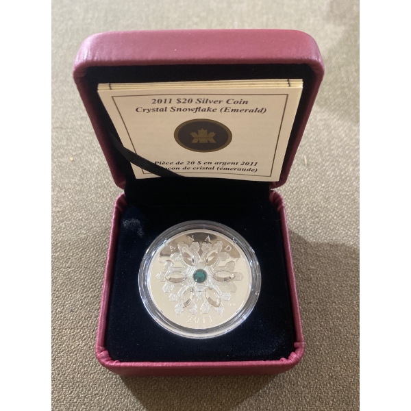 2011 $20 Canadian Silver Coin Crystal Snowflake (Emerald) with Certificate of Authenticity