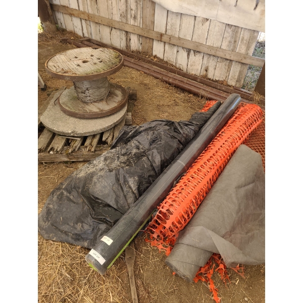 Weed Barrier Landscape Fabric, Orange Safety Fence & Antique Spool