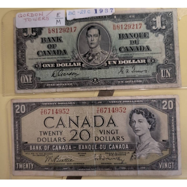 Canadian Banknotes: $20 Dominion of Canada 1937 & 1954 Modified Portrait