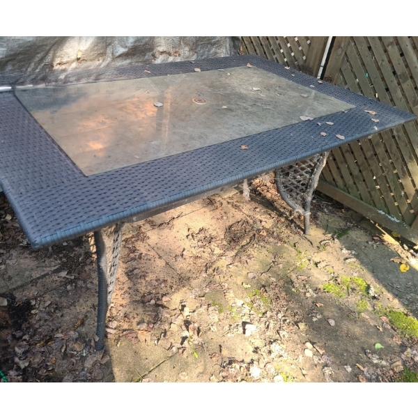 Patio Table 60 W, 38 D, 28 T, Six Chairs 26 W, 20 D, 35 T,  and Two Side Tables 16 W, 16 D, 17 T 