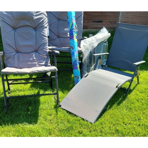 Two Folding Rocking Chairs 27 W, 37 D, 42 T, Two Loungers 25 W, 52 D, 33 T and Beach Sun Umbrella