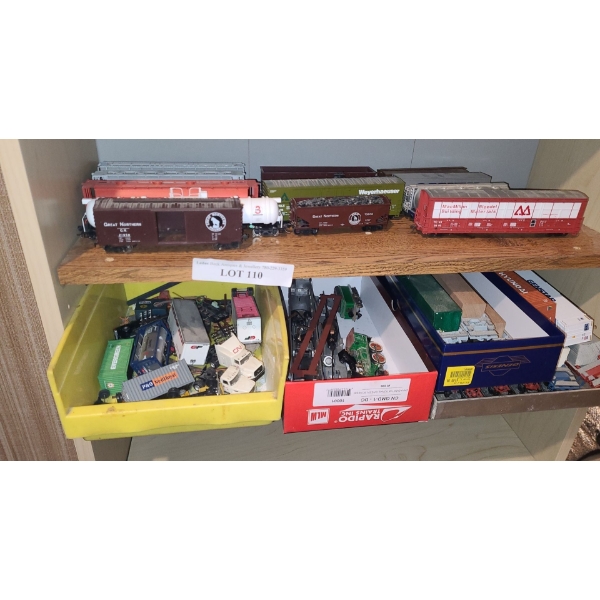 Various Railcars, Small Box of Parts, Small Metal Locomotive & Asst Open Cargo Cars