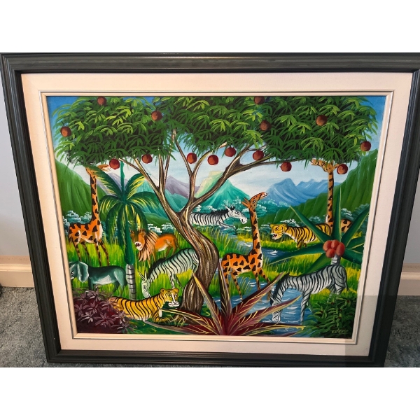 beautifully framed African jungle signed by artist 30x26