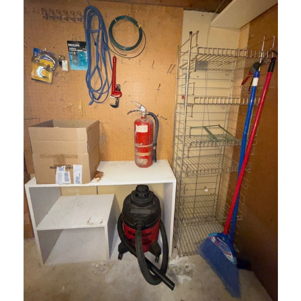 Shop Tool Organizing Rack W/Cork Board, Fire Extinguisher, Brooms, Shop Vac & More