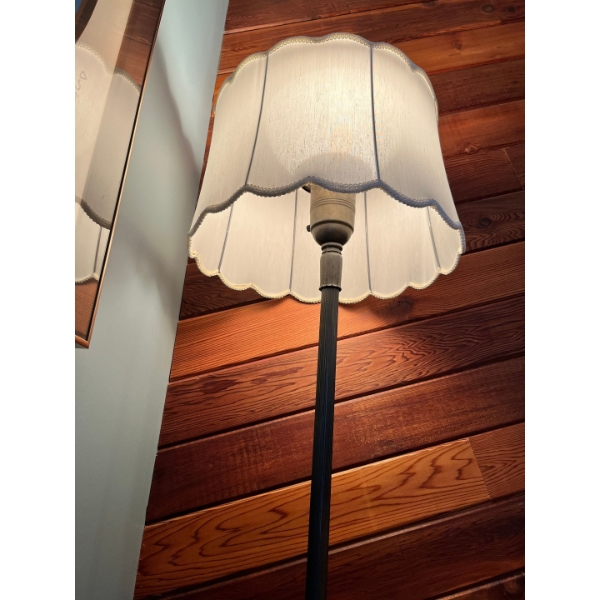 Antique lamp with lovely cloth shade and glass shade in great working condition 64” height