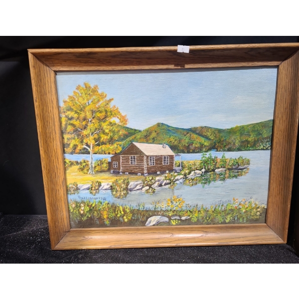 Painting of Cabin by the Lake, Artist: Pearl Munroe, Framed 17 X 20.5