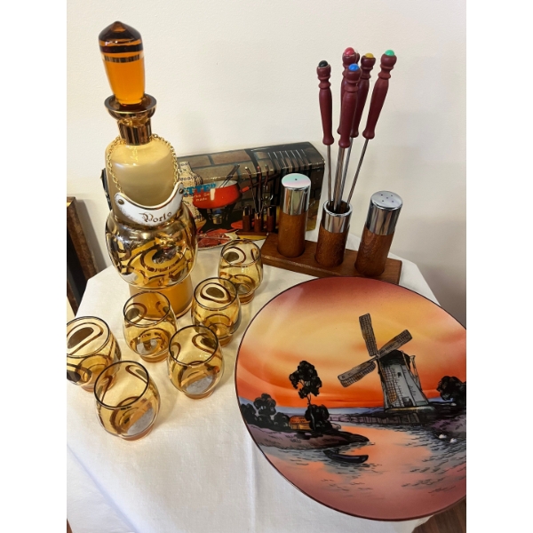 Vintage mid-century modern amber glass decanter set, likely manufactured in Bohemia (Czech Republic)