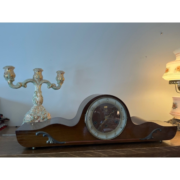 antique desk clock in working condition with ornate three candle holder 14 inches in height