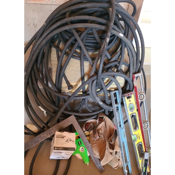 Black Garden Hose, Levels, Toolbelt, Little Giant Utility Pump Model 360, Extension Cord