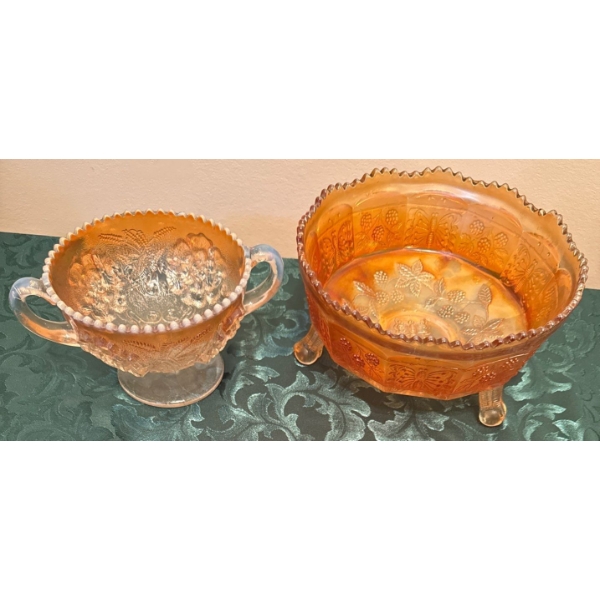 Butterfly Ballfooted Marigold Carnival Glass & Peach Opal Puzzle Bonbon Floral Wheat