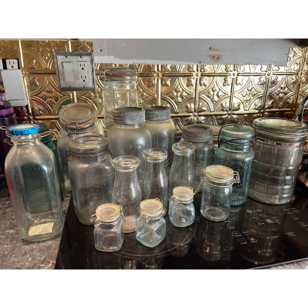  large selection of antique canning jars, milk jars, mason jars, milk, jugs, all various size