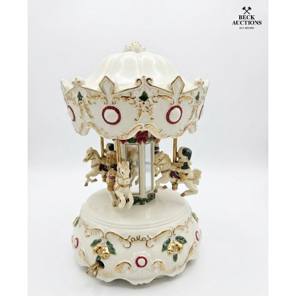  Beautiful Ceramic Carousel Music Box Revolving Horses, Intricate Gold Accents, And Christmas-Themed